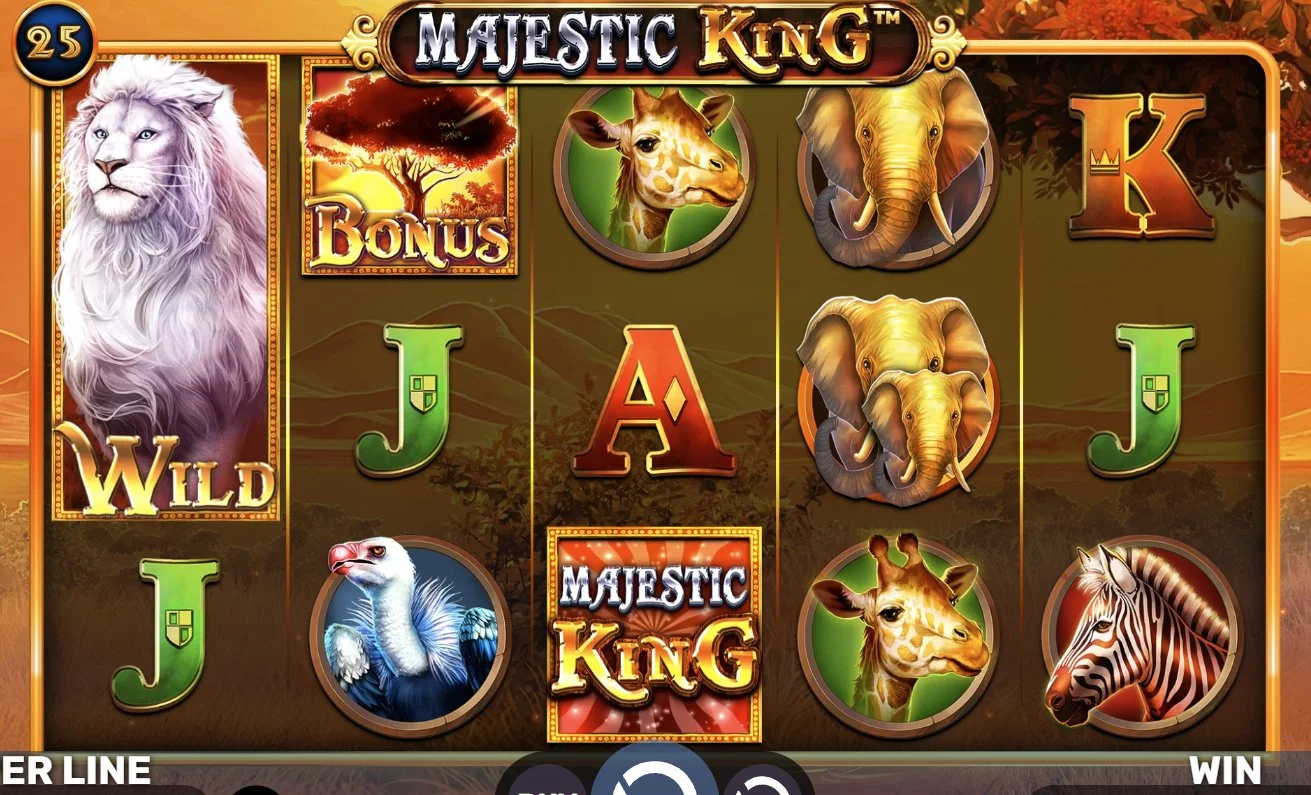 Base game reels showing wild lion, bonus tree and animal symbols in Majestic King