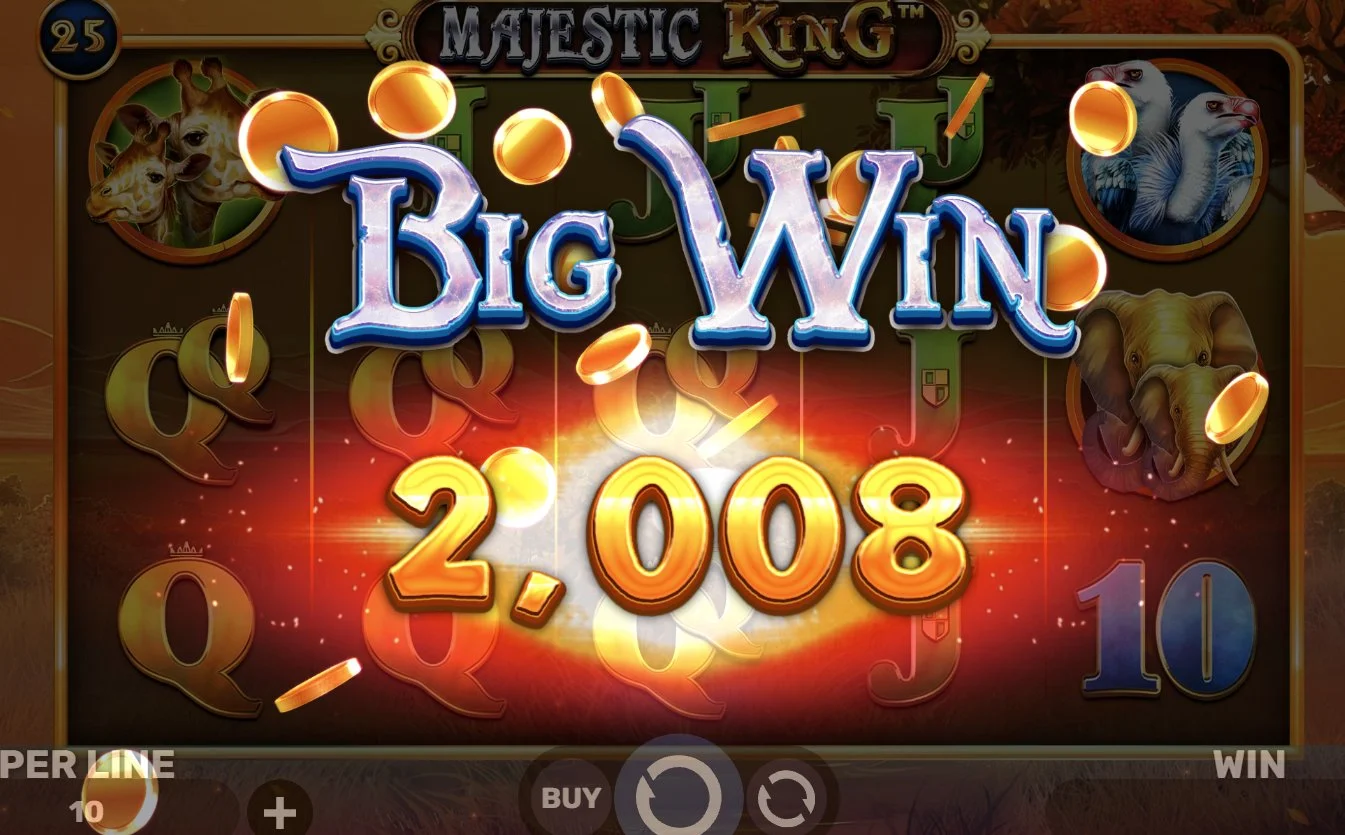 Big Win screen showing 2,008 coins payout in Majestic King slot