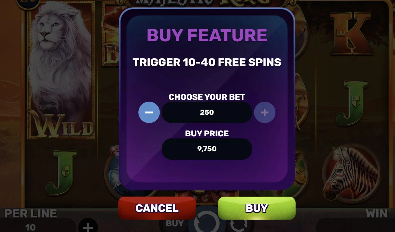 Buy Feature menu in Majestic King showing bet 250 with buy price 9,750