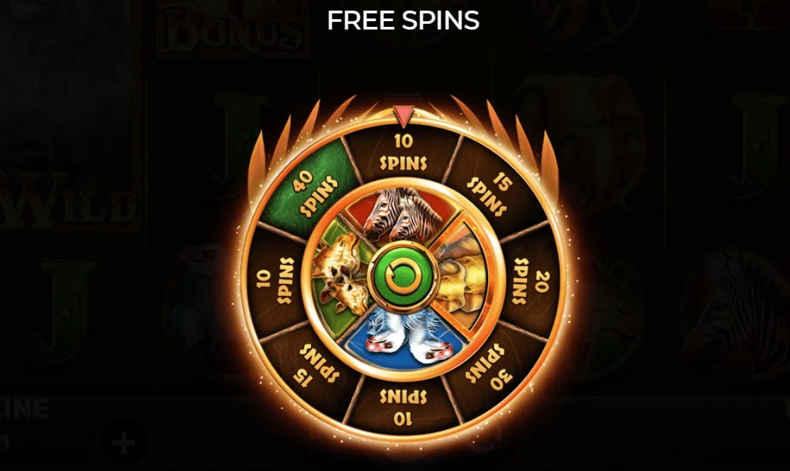 Free spins wheel showing 10 to 40 spins options in Majestic King